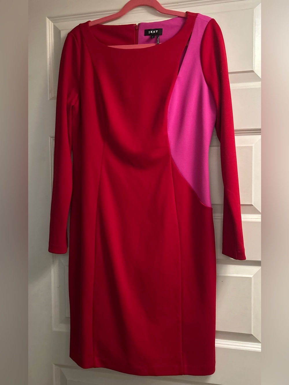 DKNY Red with Pink Panel Long-Sleeve Sheath Dress